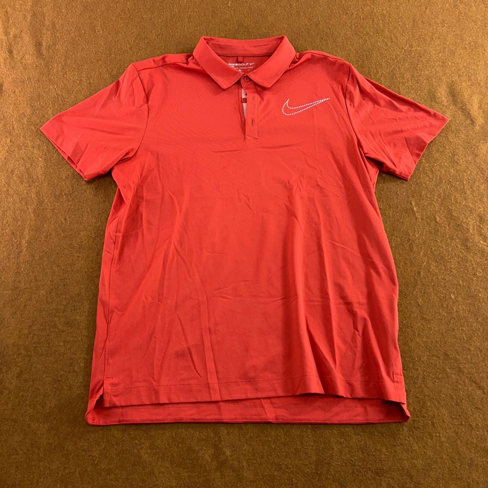 Nike Mens Large Red Dri-Fit Dotted Swoosh Sport Golf Polo Shirt